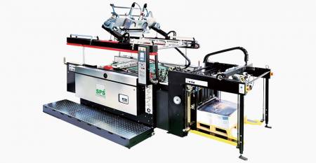 SPS  Fully Automatic STOP Cylinder Screen PRINTING MACHINE (max. sheet 750X1060mm, 4-post screen lift, flagship model) - SPS VTS SL71 Fully Automatic STOP Cylinder Screen Printing Machine (4-post screen lift type—flagship model), linked with Feeder