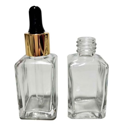 GH730D: 30ml Square Clear Glass Bottle with Dropper (Silver or Gold)