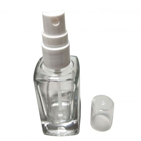 GH730PW: 30ml Square Clear Glass Bottle with Sprayer (White)