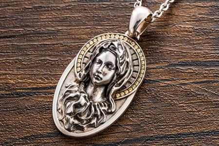 925 Sterling Silver 3D Relief Sulfurization Pendant featuring the Virgin Mary