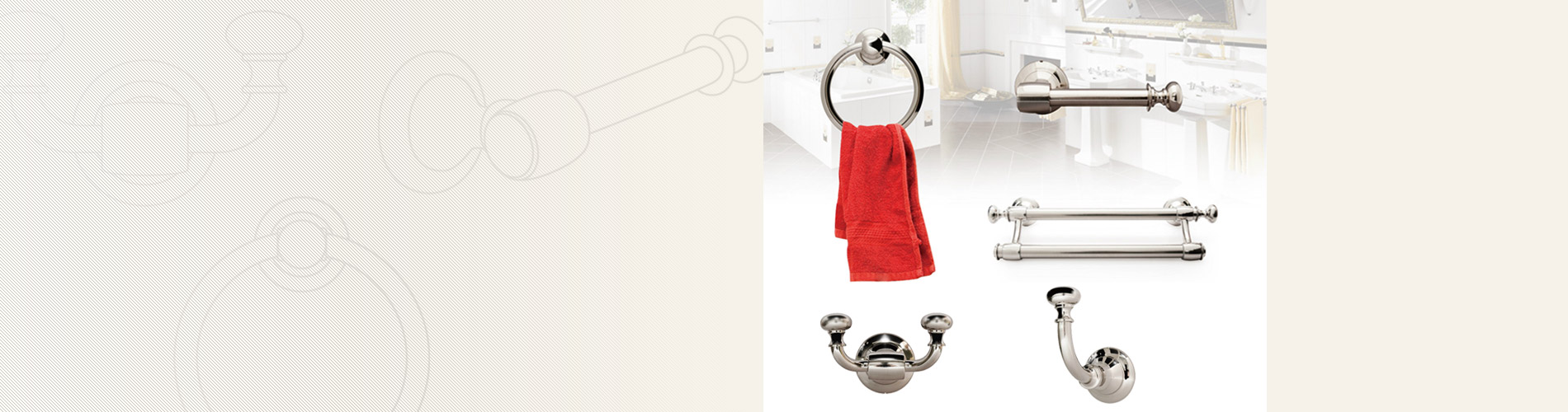 Accesorios de baño Nuestro hardware de baño contiene toallero simple/doble, toallero, porta pañuelos y ganchos para prendas.