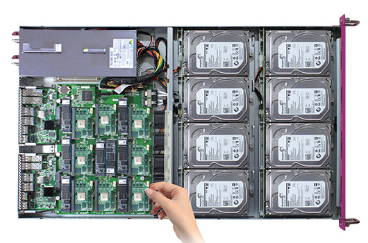 Hot-swappable on ARM microserver, disk bay, in-chassis switches, and PSU