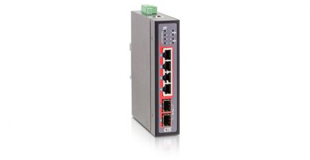 IGS-402CSW(left) Industrial 4 RJ45 and 2 SFP Web Managed Gigabit Ethernet Switch.