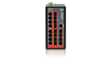 IGS-812SM(front) Industrial 16/8 RJ45 and 4/12 SFP Managed Gigabit Ethernet Switch.