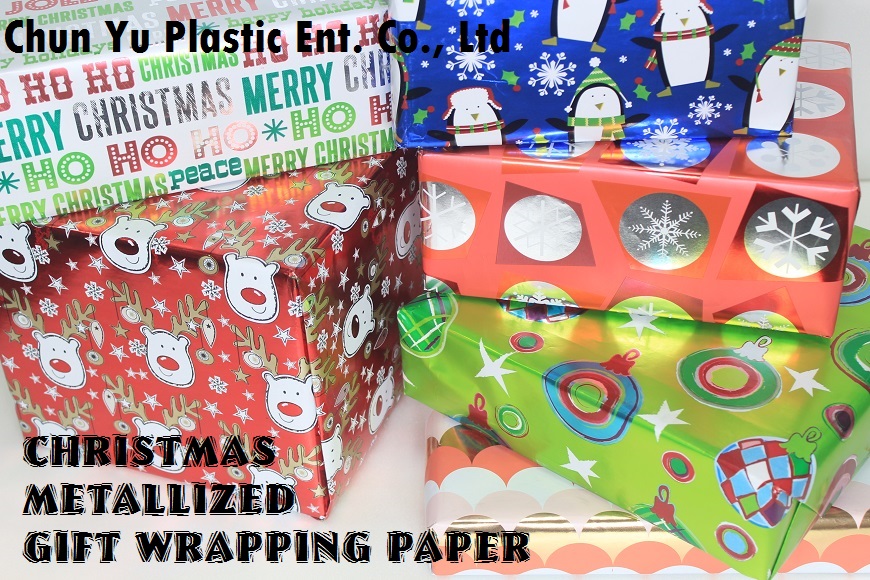 60gram metallized gift wrapping paper printed with Christmas designs for holiday season