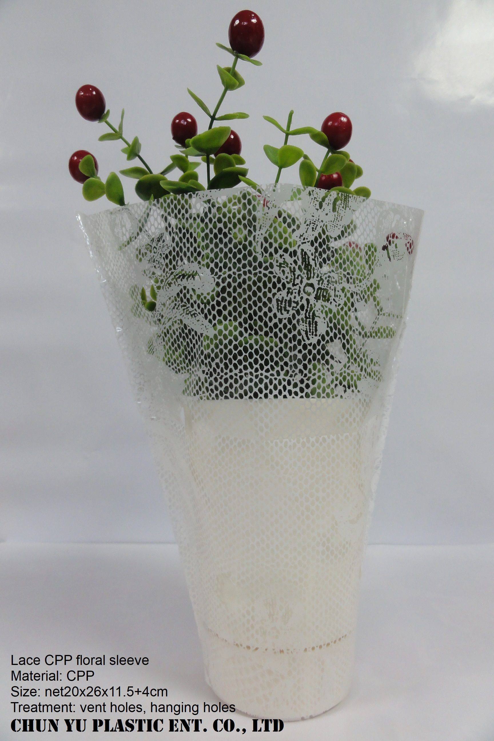 Lace design CPP flower bag for potted plants and cut flower bouquets.