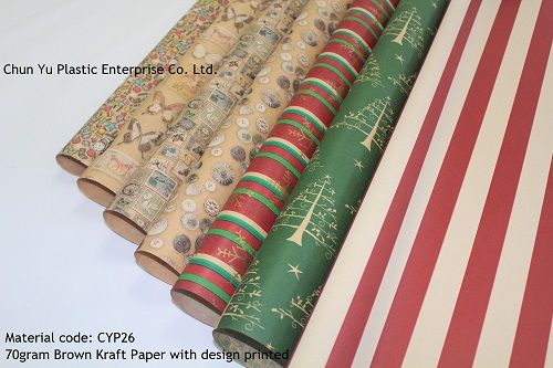 Chun Yu Plasticتقوم الشركة المصنعة بطباعة ورق الكرافت البني الطبيعي في تصميمات مختلفة لتغليف الهدايا اليومية لعيد الميلاد وعيد الميلاد.