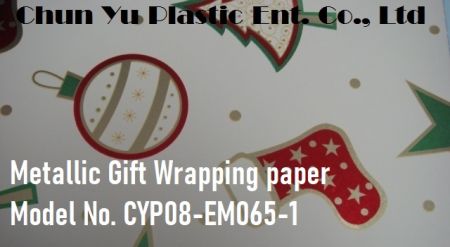 Model No. CYP08-EM065 Christmas Icons 60gram metallic gift wrapping paper - 60gram metallized paper printed with Christmas icons pattern for holiday gifts wrapping