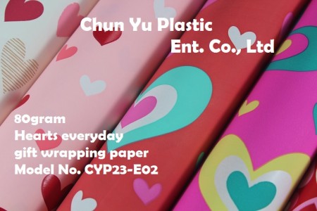 Model No. CYP23-E02: 80gram Hearts Everyday Gift Wrapping Paper - Kertas pembungkus kado 80gram dicetak dengan desain Hati untuk kemasan kado