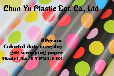 Model No. CYP23-E03: 80gram Colorful Dots Everyday Gift Wrapping Paper - Kertas pembungkus kado 80gram dicetak dengan desain titik-titik berwarna-warni untuk kemasan kado