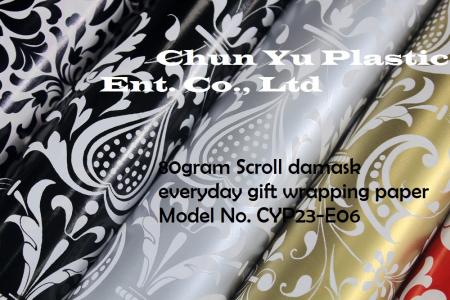 Model No. CYP23-E06: Kertas Pembungkus Kado Sehari-hari Gulir Damask 80gram - Kertas pembungkus kado 80gram dicetak dengan desain Gulir Damask untuk persiapan hadiah