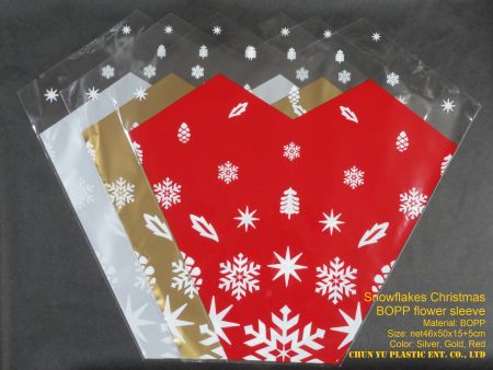 Model No.: Snowflakes Christmas BOPP Flower Sleeves for bouquet flower and plants - Snowflakes BOPP Flower Sleeves in various colors for Christmas season