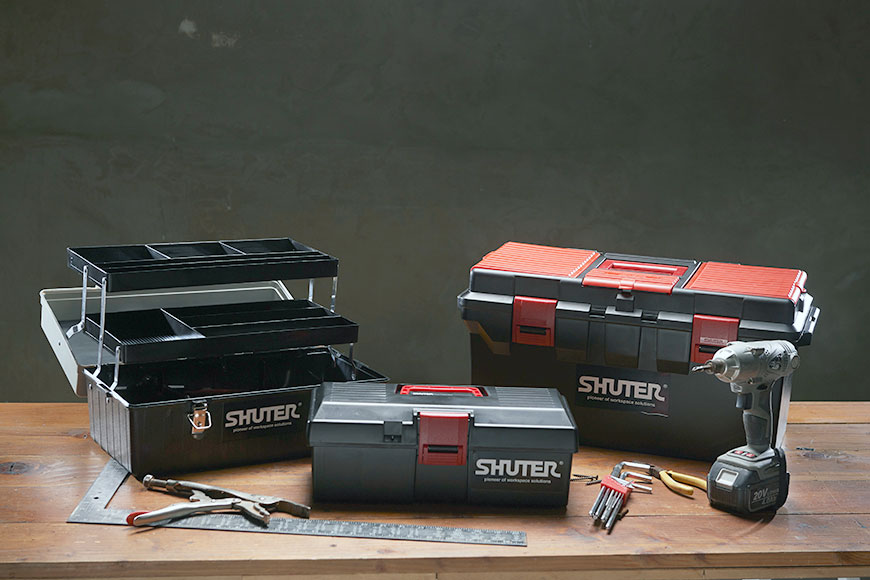 Tool boxes with sturdy snap locks, exterior storage drawers, and dividable interiors.