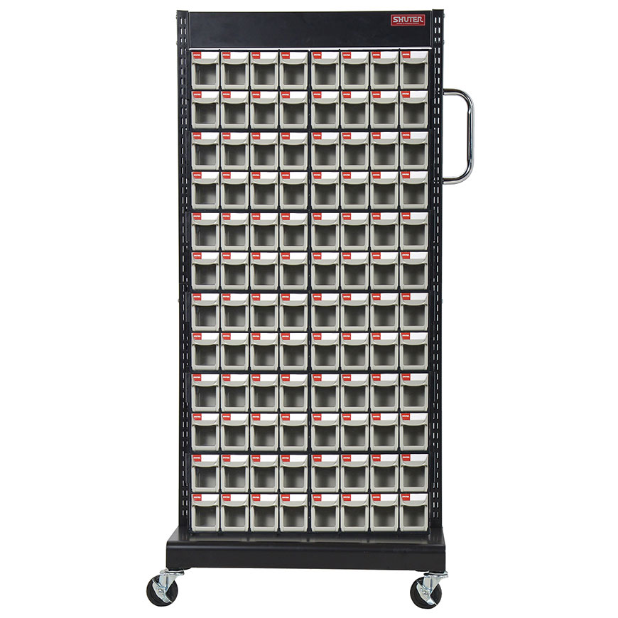 Flip out bins mounted on a mobile stand to create the very best solution on the market for small parts storage.