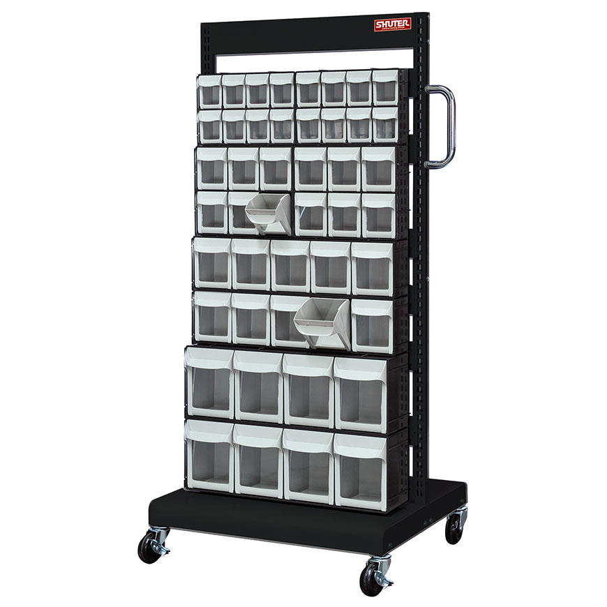 Combines a flip out bin stand with a convenient pegboard for useful, portable industrial storage.