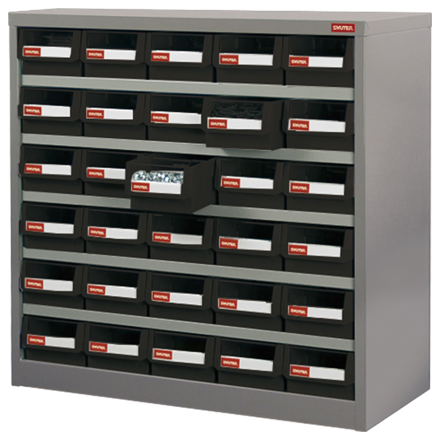 No-drop drawers are a key feature of this SHUTER industrial parts cabinet crafted from steel.