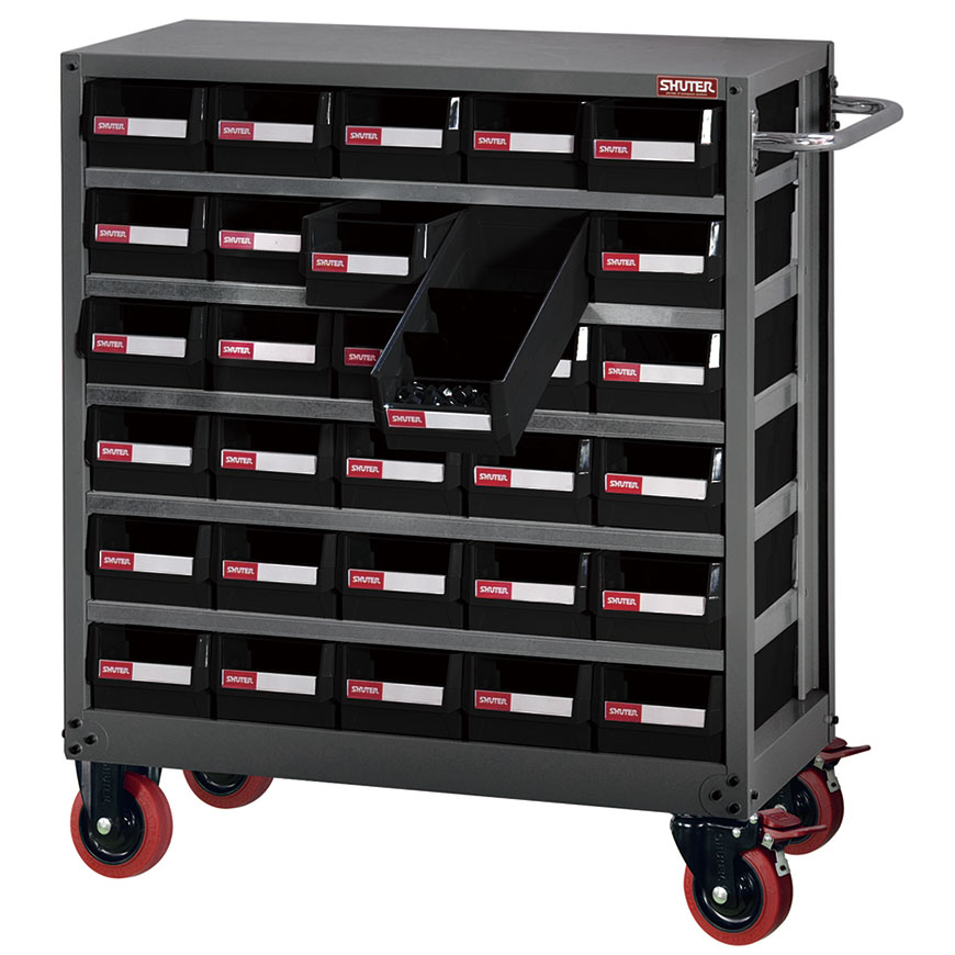 Drawer-style storage cabinet on caster and with handle for use in industrial settings.
