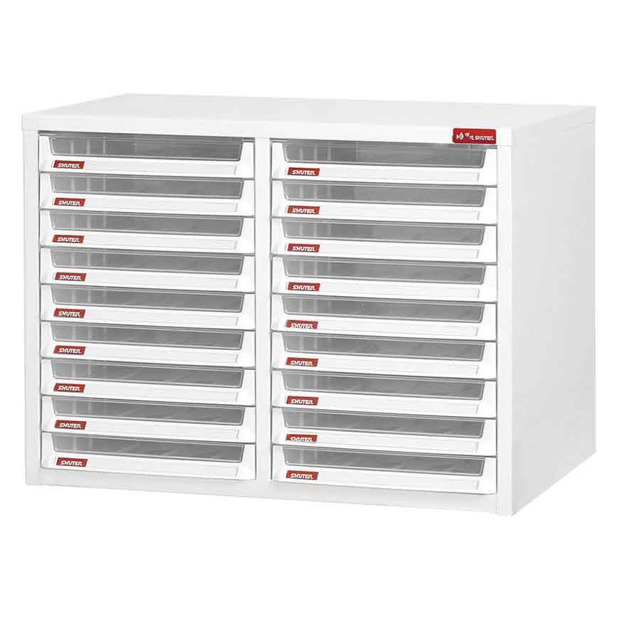 A traditional, proven place-of-business document sorting tower with numerous break-resistant plastic drawers.
