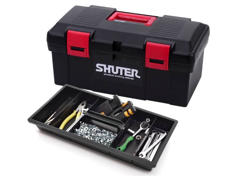 Ящик для инструментов с прочными защелками, внешними ящиками для хранения и разделяемыми внутренними частями.