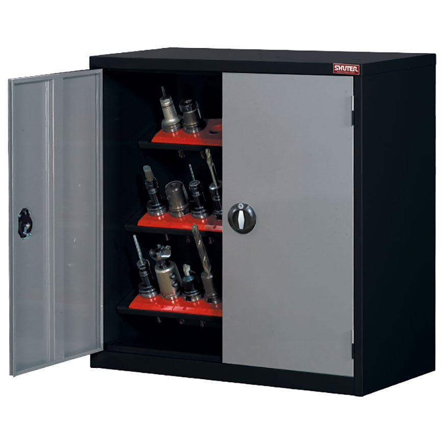 Tool storage cabinet with lockable doors for securely stowing away CNC bits in industrial settings.
