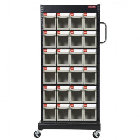 Single-Sided Mobile Stand on Casters with 6 Sets of 4 Flip Out Bin Drawers