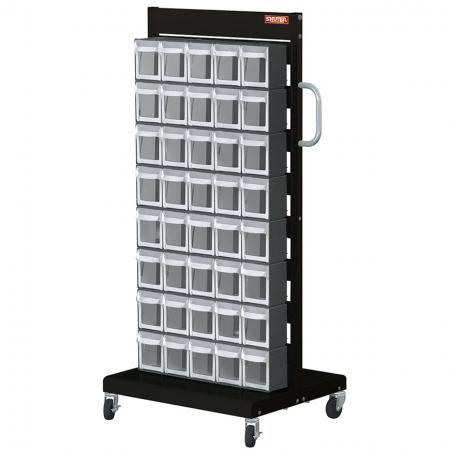 Single-Sided Mobile Stand on Casters with 8 Sets of 5 Flip Out Bin Drawers