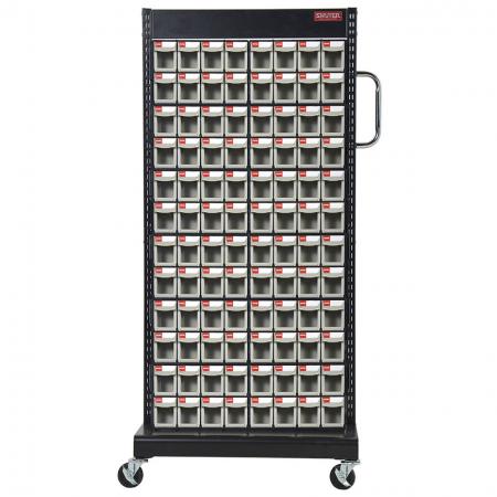 Single-Sided Mobile Stand on Casters with 12 Sets of 8 Flip Out Bin Drawers - Flip out bins mounted on a mobile stand to create the very best solution on the market for small parts storage.