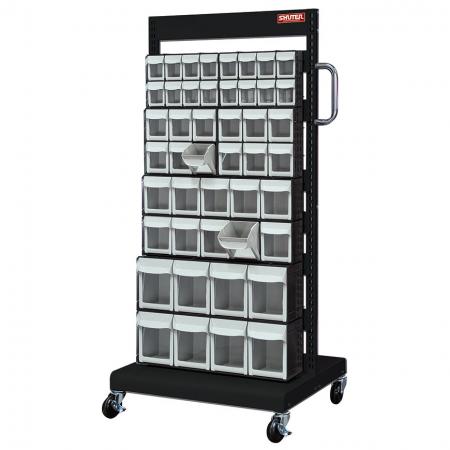 Single-Sided Mobile Stand on Casters with 8 Sets of Mixed Size Flip Out Bin Drawers - A rack-and-wheel system that sorts SHUTER mobile flip out bins for the most efficient storage systems available.
