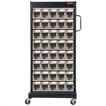 Double-Sided Mobile Stand on Casters with 16 Sets of 5 Flip Out Bin Drawers - With four sturdy casters, this double-sided mobile flip out bin cart can be easily moved anywhere around a workspace.