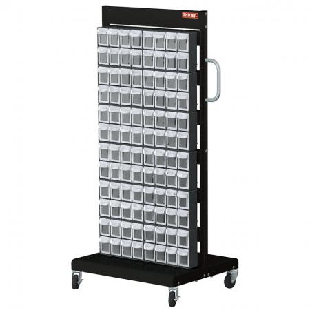 Double-Sided Mobile Stand on Casters with 24 Sets of 8 Flip Out Bin Drawers - The most efficient mobile flip out bin storage available, made of sturdy galvanized steel and SGS loading tested bins.