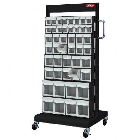 Double-Sided Mobile Stand on Casters with 8 Sets of Mixed Flip Out Bin Drawers