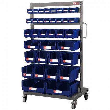 Single-Sided Mobile Stand on Casters with 35 Mixed Size Hanging Bins - Matching bins grace this super strong steel mobile stand for industrial small parts storage.