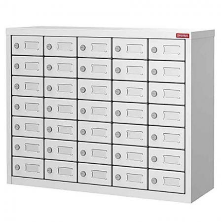 Cell Phone Locker with 35 Doors - Metal Storage Locker for Cell Phones and Digital Devices - 35 Doors in 5 Columns