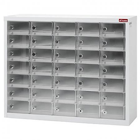 Cell Phone Locker with 35 Transparent Doors - Metal Storage Locker for Cell Phones and Digital Devices - 35 Transparent Doors in 5 Columns