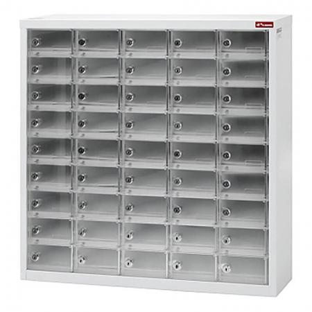 Cell Phone Locker with 45 Transparent Doors - Metal Storage Locker for Cell Phones and Digital Devices - 45 Transparent Doors in 5 Columns