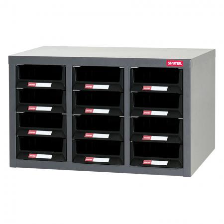 Metal Storage Tool Cabinet for Use in Industrial Workspaces - 12 Drawers in 3 Columns - Industrial storage cabinet with drawers for storing hardware items.