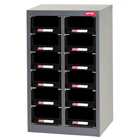 Metal Storage Tool Cabinet for Use in Industrial Workspaces - 12 Drawers in 2 Columns - SHUTER design parts cabinet for the storage of small industrial items.