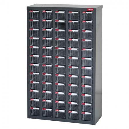 Armário de ferramentas de armazenamento de metal para uso em espaços de trabalho industriais - 60 gavetas em 5 colunas - Verdadeiramente o melhor armário de gavetas do mercado para armazenamento de peças pequenas em ambientes industriais.