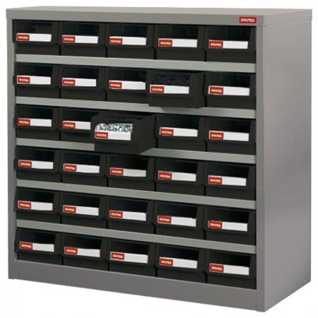 Metal Storage Tool Cabinet for Use in Industrial Workspaces - 30 Drawers in 5 Columns - No-drop drawers are a key feature of this SHUTER industrial parts cabinet crafted from steel.