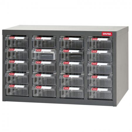 Metal Storage Tool Cabinet for Use in Industrial Workspaces - 20 Drawers in 4 Columns - Get your small parts and tiniest tools organized with SHUTER's range of industrial steel parts cabinets.