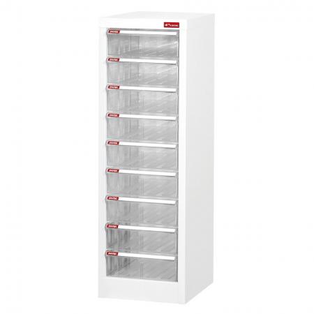 Floor Cabinet with 9 plastic drawers in 1 column for A4 paper (5.9L per drawer) - Leading clear plastic desk drawer organizers for use in institutions, retail stores, and offices.