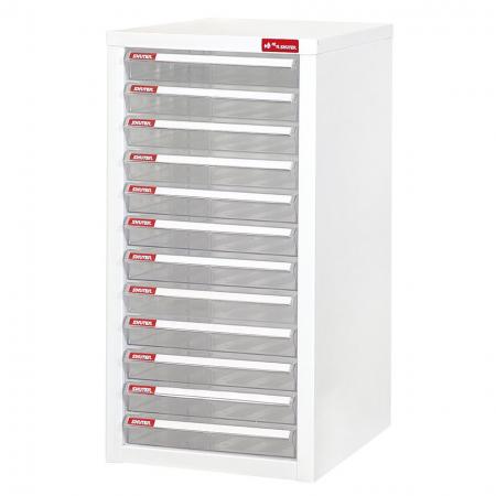 Steel File Cabinet with 12 plastic drawers in 1 column for A4 paper - Clear drawer cabinet for the library-like cataloging of documents and files.