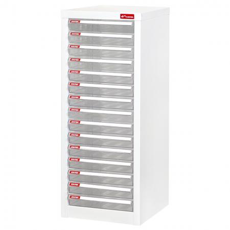 Steel File Cabinet with 15 plastic drawers in 1 column for A4 paper - 책상 위나 책상 아래에 파일, 종이 또는 기타 평평한 물건을 보관하기 위한 사무실 내 보관 시스템입니다.