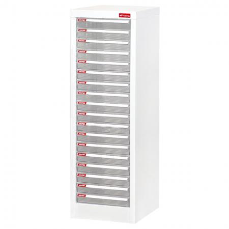 Steel File Cabinet with 18 plastic drawers in 1 column for A4 paper - Steel cabinet with multiple transparent drawers for the most efficient desktop storage on the market.
