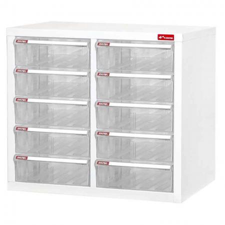 Steel File Cabinet with 10 plastic drawers in 2 columns for A4 paper - 사무실이나 직장에서 문서를 보관하기 위한 도서관과 같은 역할을 하는 투명 서랍이 있는 미니 스틸 파일 캐비닛.