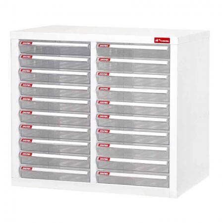 Steel File Cabinet with 20 plastic drawers in 2 columns for A4 paper - A4 file storage system with plastic drawers in a multi-layer arrangement all situated in an open-face metal cabinet.