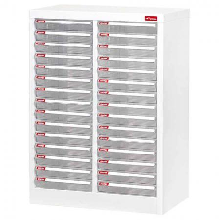 Floor Cabinet with 30 plastic drawers in 2 columns for A4 paper (2.7L per drawer) - Made of high quality hard plastic with a smooth surface as well as strong steel material for the cabinet body.