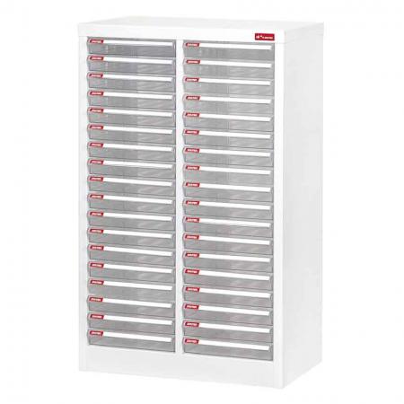 Floor Cabinet with 36 plastic drawers in 2 columns for A4 paper (2.7L per drawer) - Reliable and well-wrought, this steel cabinet is the answer to all your filing issues.