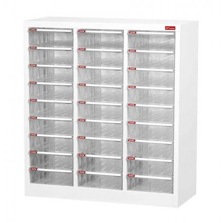 Floor Cabinet with 27 plastic drawers in 3 columns for A4 paper (5.9L per drawer) - A4 paper storage tray and document files organizer for office desk or home workstation.