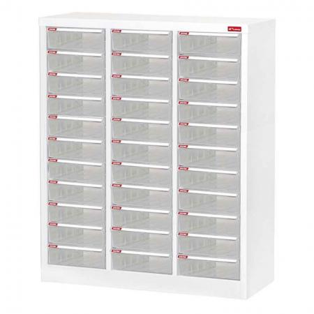 Steel File Cabinet with 33 plastic drawers in 3 columns for A4 paper - SHUTER은(는) 견고한 분말 코팅 강철로 만든 놀라운 다중 서랍 보관 캐비닛을 제공합니다.
